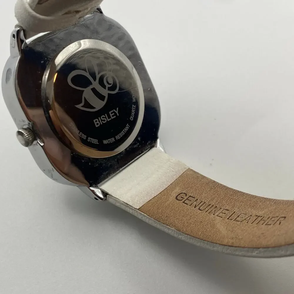 Bisley Elegant Silver Tone Watch White Leather Band New Battery